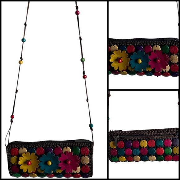 Coconut Shell Disc Beaded Sling Multi Color Coco Brown Crossbody Mini Boho Bag - Picture 1 of 12